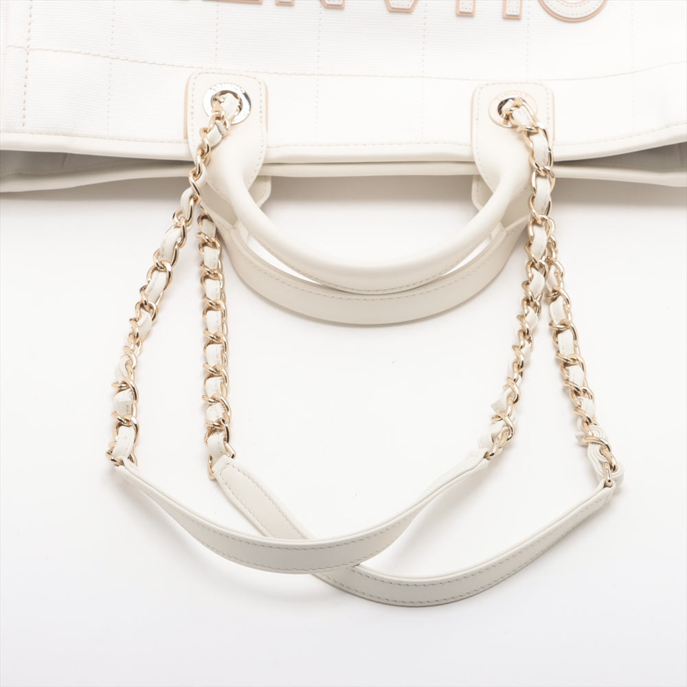 Chanel Deauville GM Canvas & Leather Chain Tote Bag White Gold Metal Fittings J3HG891J