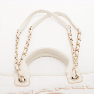 Chanel Deauville GM Canvas & Leather Chain Tote Bag White Gold Metal Fittings J3HG891J