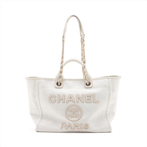 Chanel Deauville GM Canvas & Leather Chain Tote Bag White Gold Metal Fittings J3HG891J