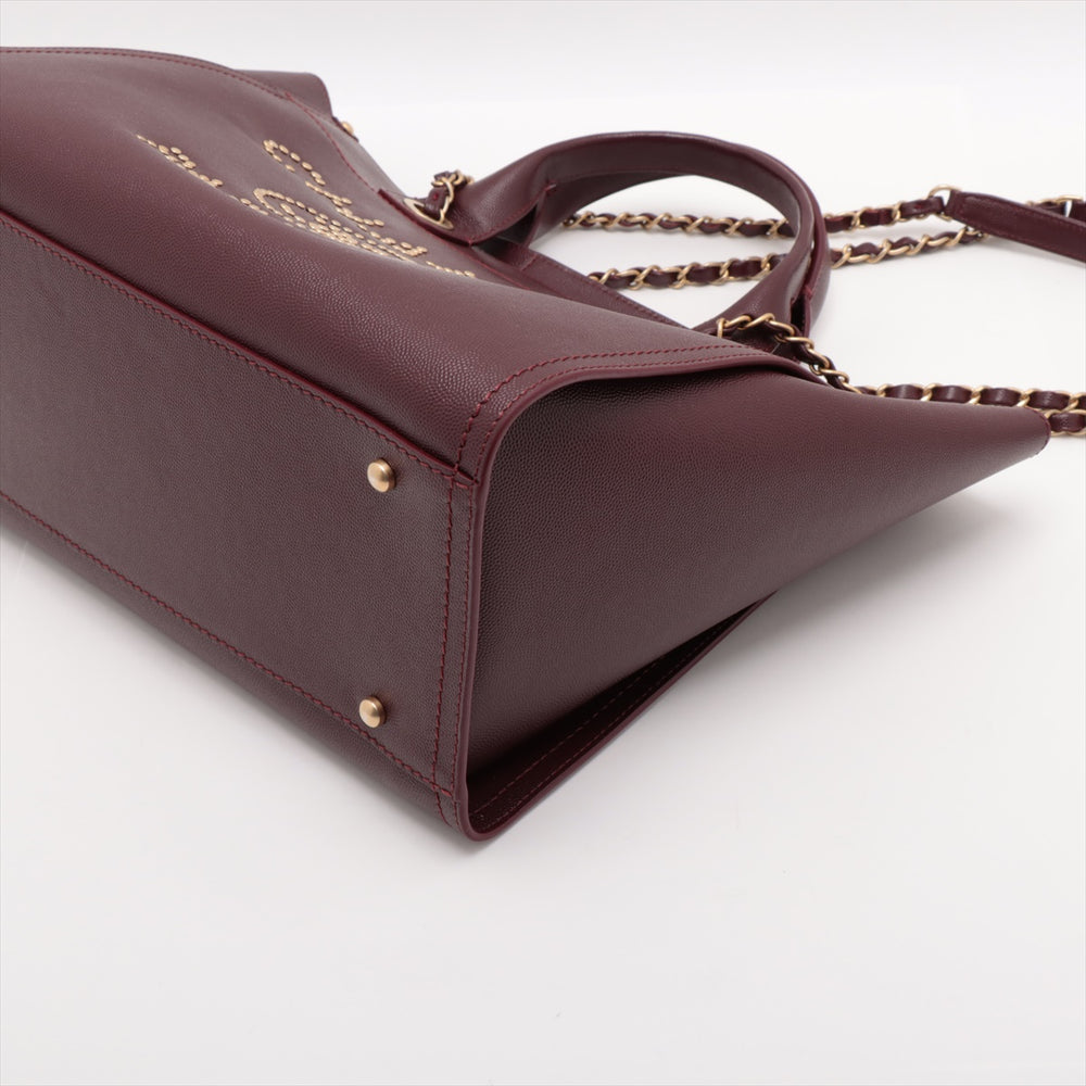 Chanel Deauville MM Caviar Skin 2 Way Tote Bag Burgundy Gold Metal Fittings