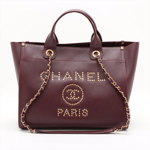 Chanel Deauville MM Caviar Skin 2 Way Tote Bag Burgundy Gold Metal Fittings