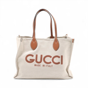 Gucci Logo Print canvas x leather Tote bag Beige x brown 772176