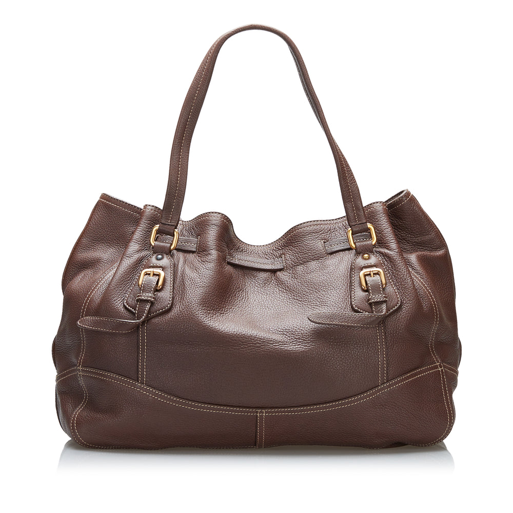 
            
                Load image into Gallery viewer, Prada Cervo Drawstring Leather Tote Brown
            
        