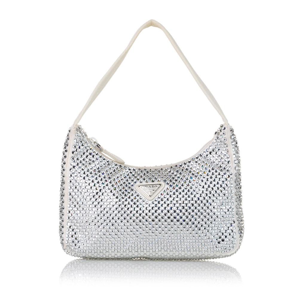 
            
                Load image into Gallery viewer, Prada Satin Crystal Mini Re-Edition White
            
        