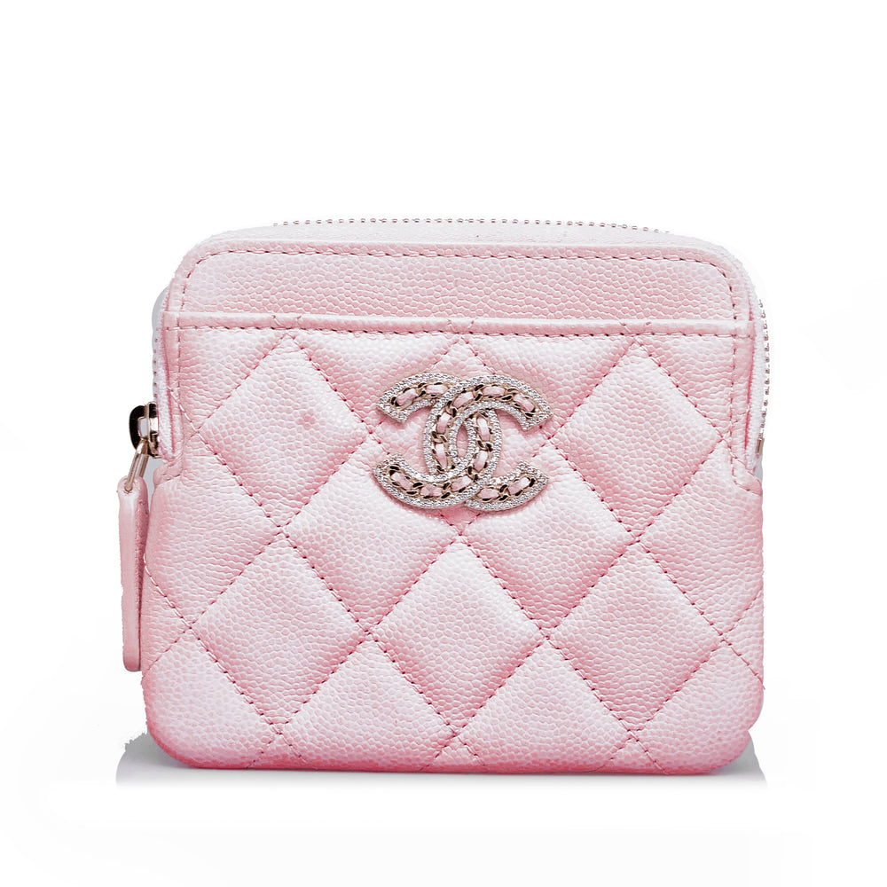 Chanel Caviar CC Crystal Woven Square Zip Around Card Holder Pink